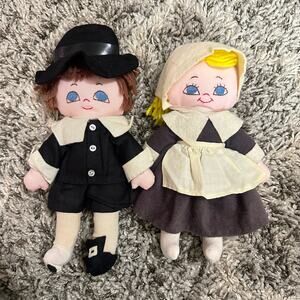 Vintage 60s Homemade Pilgrim Rag Dolls Figures Retro Felt Yarn Thanksgiving